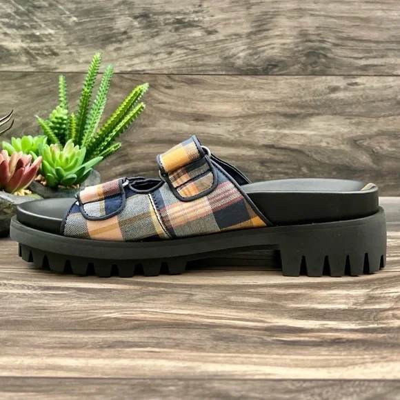 NIB Sam Edelman Eliana Two Strap Lug Sole Slide Sandal Mustard Plaid